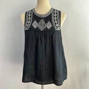 SOLD J.Crew Black Linen Tank Top – Size 8 – White Embroidered